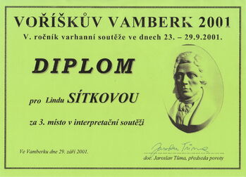 Diplom za 3. místo v interpretační soutěži Lindě Sítkové, Vamberk 2001