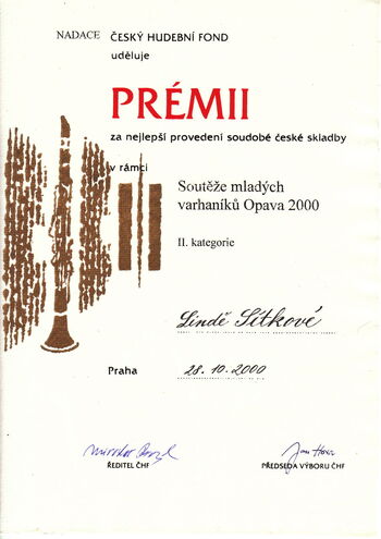 Diploma for best performance of contemporary Czech composition by ČHF, Linda Sítková, Opava 2000