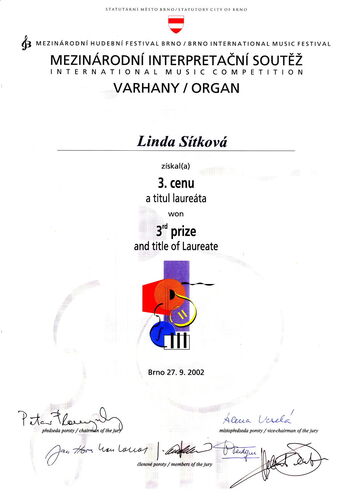 Diplom za 3. místo v interpretační soutěži Lindě Sítkové, Brno 2002