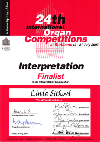 Diplom za účast ve finále Lindě Sítkové, St Albans 2007
