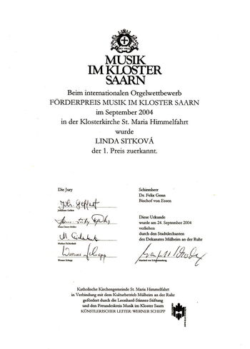 Diplom za 1. místo v interpretační soutěži Lindě Sítkové, Mülheim 2004