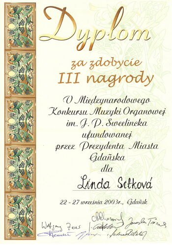Diplom za 3. místo v interpretační soutěži Lindě Sítkové, Gdaňsk 2003