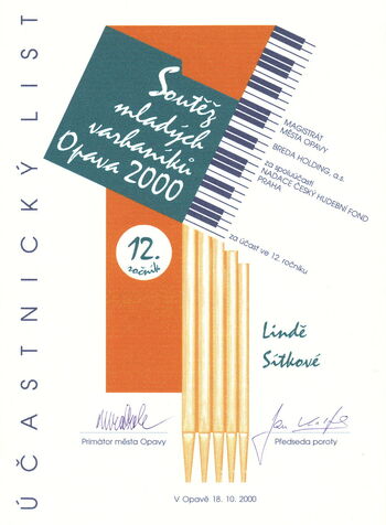 Účastnický list v soutěži, Linda Sítková, Opava 2000