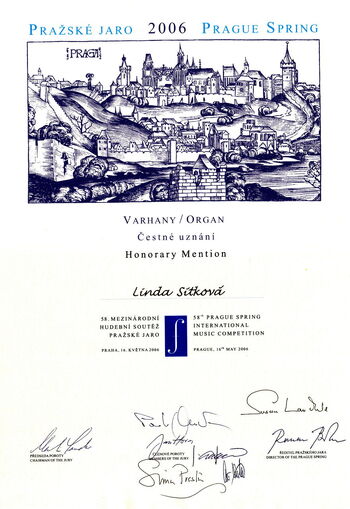 Diplom za čestné uznání z finále soutěže Lindě Sítkové, Pražské Jaro 2006
