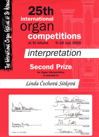Diplom za 2. místo v interpretační soutěži Lindě Sítkové, St Albans 2009