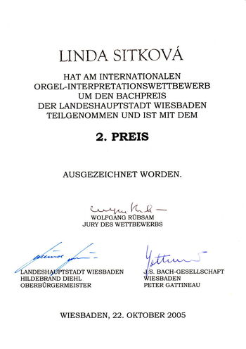 Diplom za 2. místo o Bachovu cenu Lindě Sítkové, Wiesbaden 2005