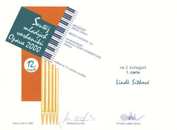 Diplom za 1.cenu v interpretační soutěži Lindě Sítkové, Opava 2000